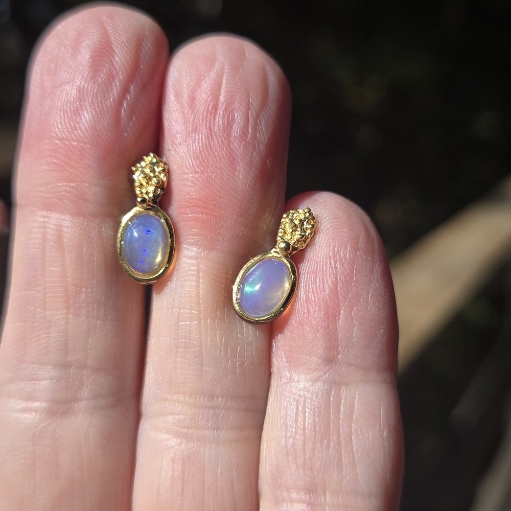 Opal 1.5k Each Natural Gemstone Sterling Rhodium & Gold Earrings - Picture 2 of 9
